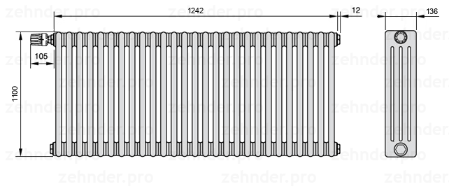 Схема (чертеж) Радиатор Zehnder Charleston 4110/27 №V012 Белый глянцевый RAL 9016